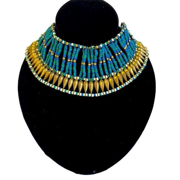 Vintage Tribal Collar Necklace Turquoise Gold Etruscan Egyptian Beaded Statement - Picture 1 of 8